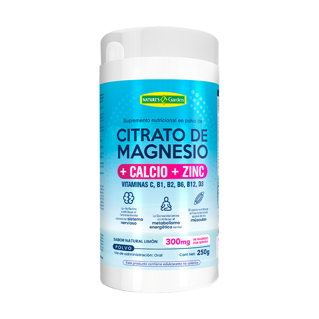 CITRATO DE MAGNESIO + CALCIO + ZINC LIMÓN POLVO 250G NATURES GARDEN