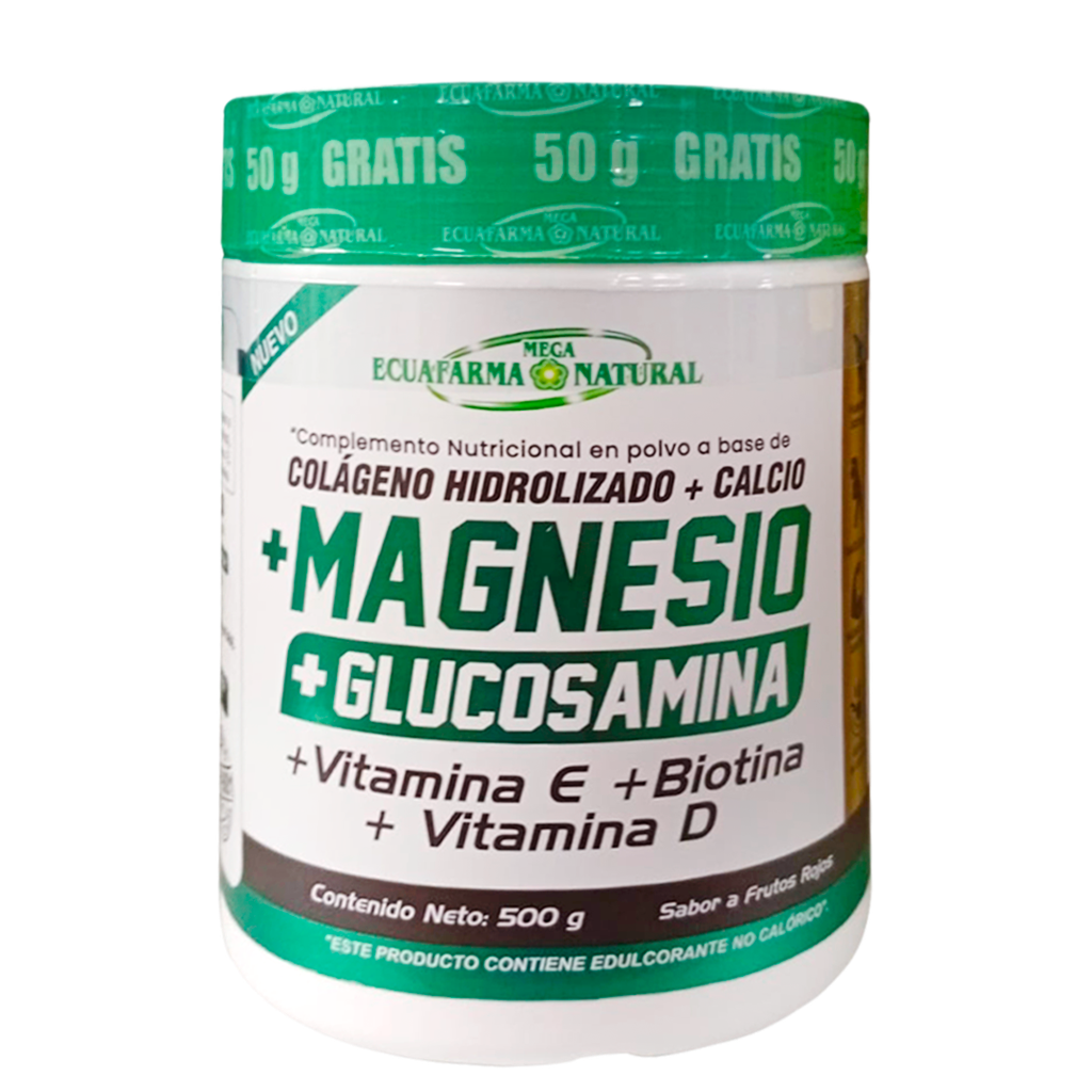 COLAGENO HIDROLIZADO + CALCIO + MAGNESIO + GLUCOSAMINA POLVO 500G MEGA ECUAFARMA