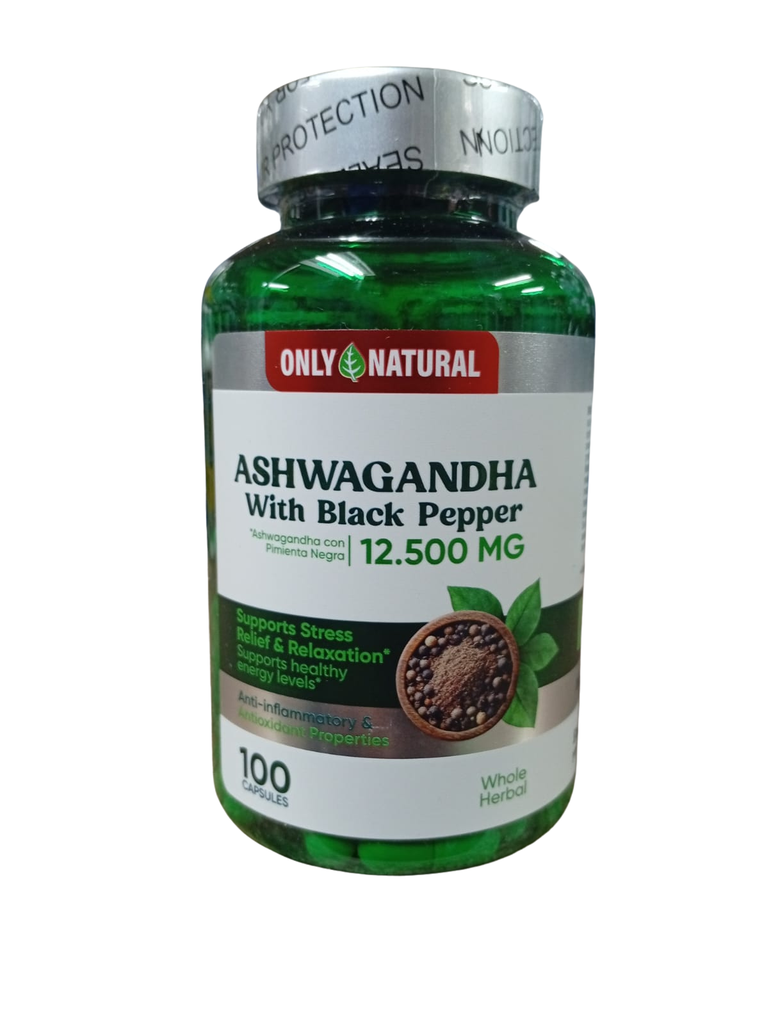 ASHWAGANDHA WITH BLACK PEPPER 12500MG CAPSULAS X100 ONLY NATURAL