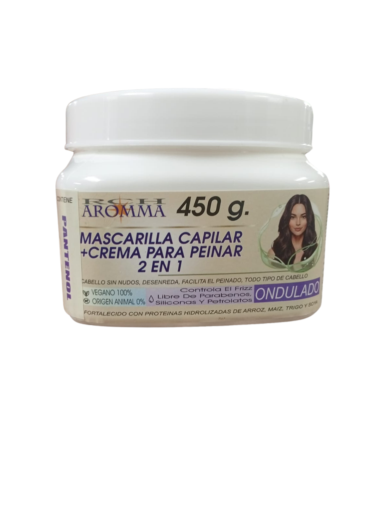 ROMERO MASCARILLA CAPILAR + CREMA PARA PEINAR 2 EN 1 ONDULADO CREMA 450G AROMMA