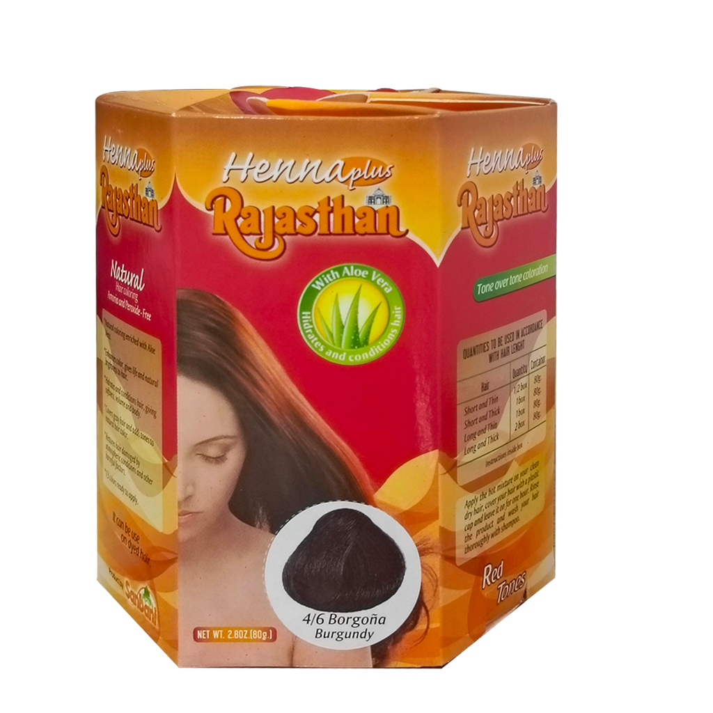 HENNA PLUS RAJASTHAN TINTE EN POLVO 4/6 BORGOÑA 80G SANBANI