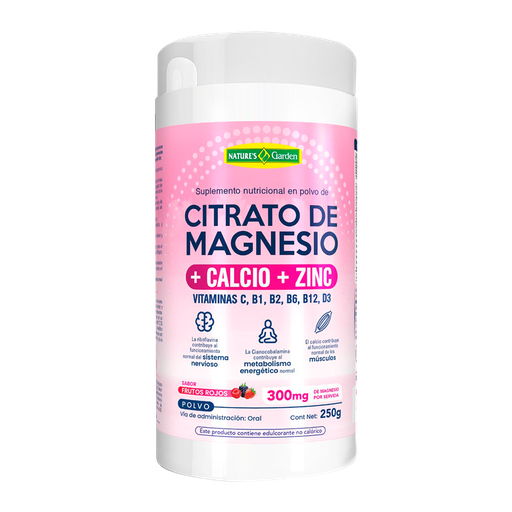 [8583] CITRATO DE MAGNESIO + CALCIO + ZINC FRUTOS ROJOS POLVO 250G NATURES GARDEN