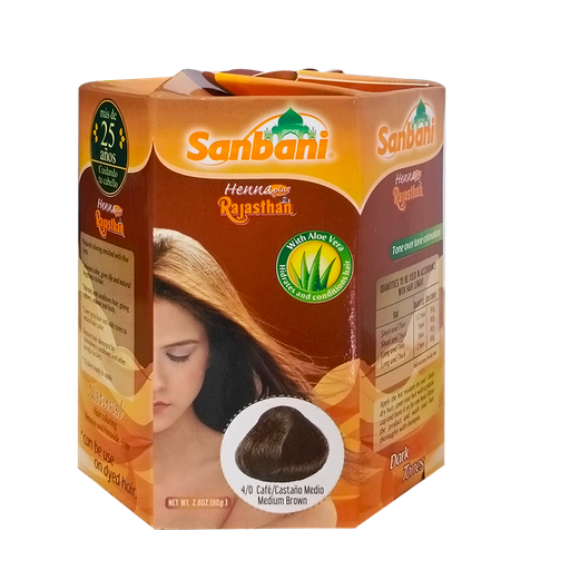 [6674] HENNA PLUS RAJASTHAN TINTE EN POLVO CASTAÑO MEDIO 80G SANBANI